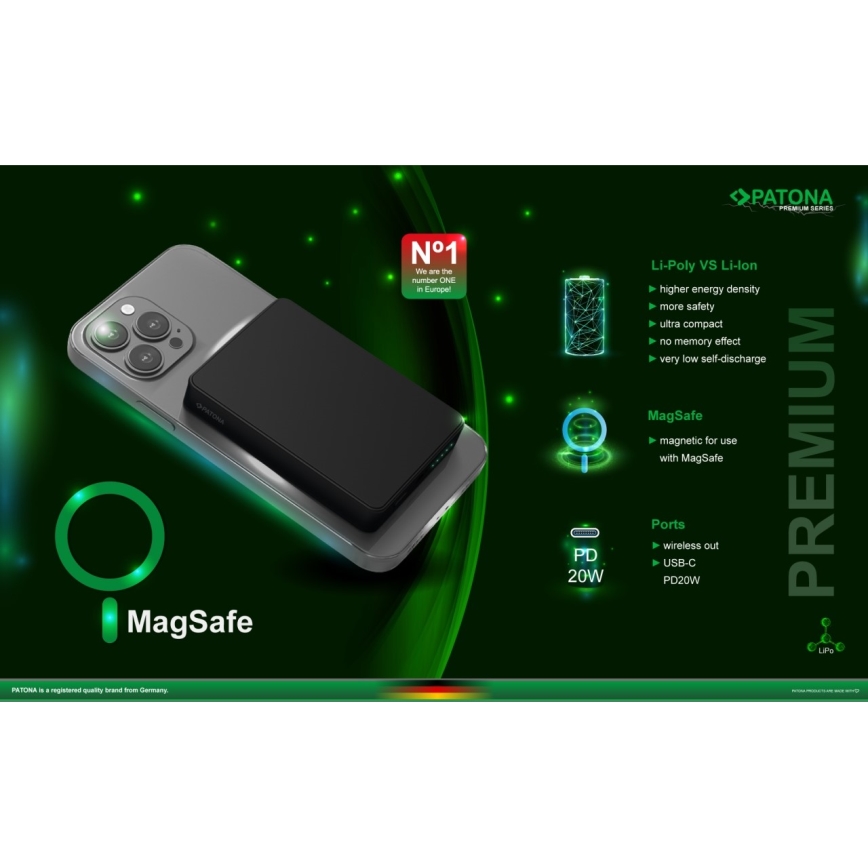 PATONA - Power Bank 10000mAh Li-Pol-PD20W încărcare MagSafe USB-C și Qi
