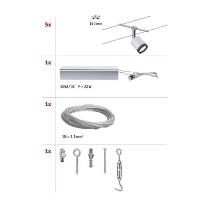 Paulmann 3981 - Set 5xLED/4W sistem complet pe cablu TUBE 230V crom mat/negru