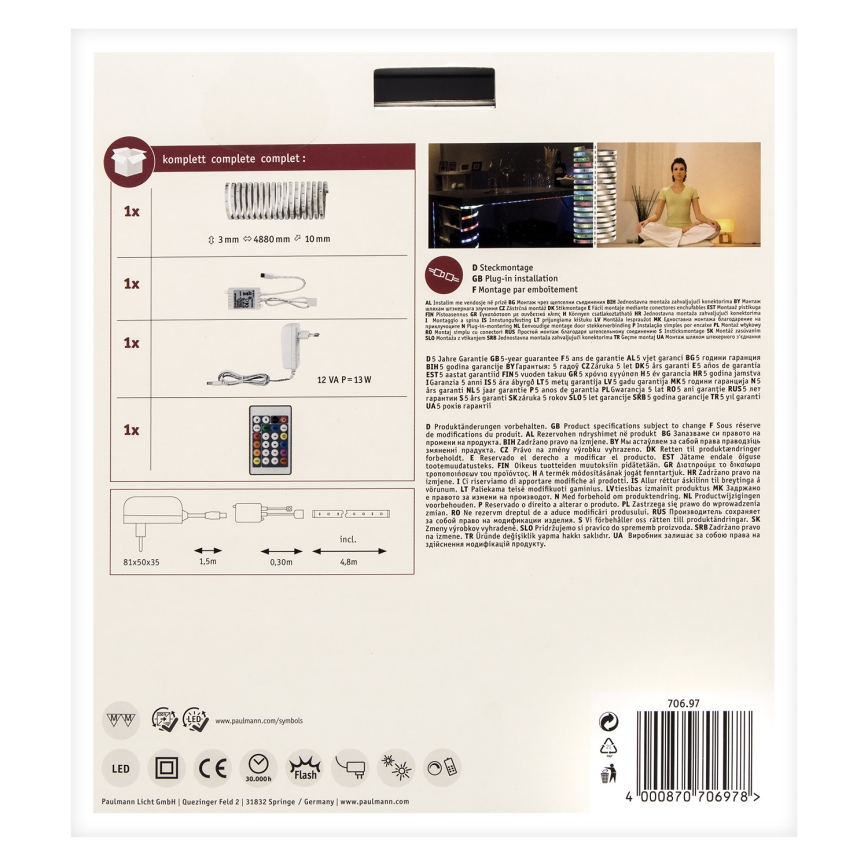 Paulmann 70697 - Bandă LED RGBW/10,5W reglabilă DIGITAL 4,8m 230V + telecomandă