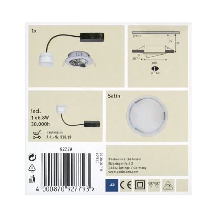 Paulmann 92779 - LED/6,8W Lampă încastrată baie COIN 230V