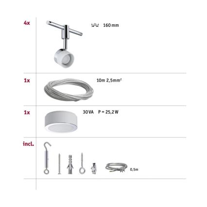 Paulmann 94080 - Set 4xLED/4,8W Sistem complet cu cablu STAGE 230V crom lucios