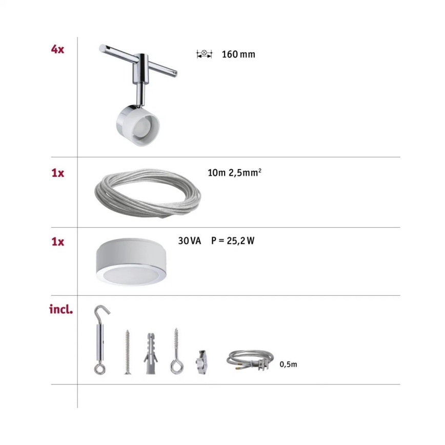 Paulmann 94080 - Set 4xLED/4,8W Sistem complet cu cablu STAGE 230V crom lucios