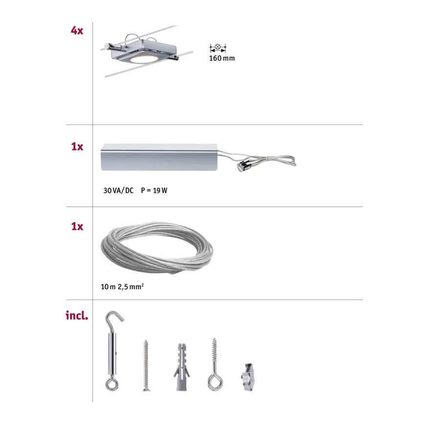 Paulmann 94107 - Set 4xLED/4,3W, sistem complet cu cablu MAC 230V, crom mat