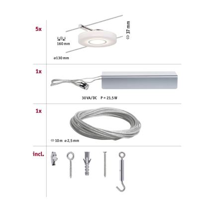Paulmann 94109 - Set complet sistem pe cablu MAC, 5x LED/4,3W, 230V, alb