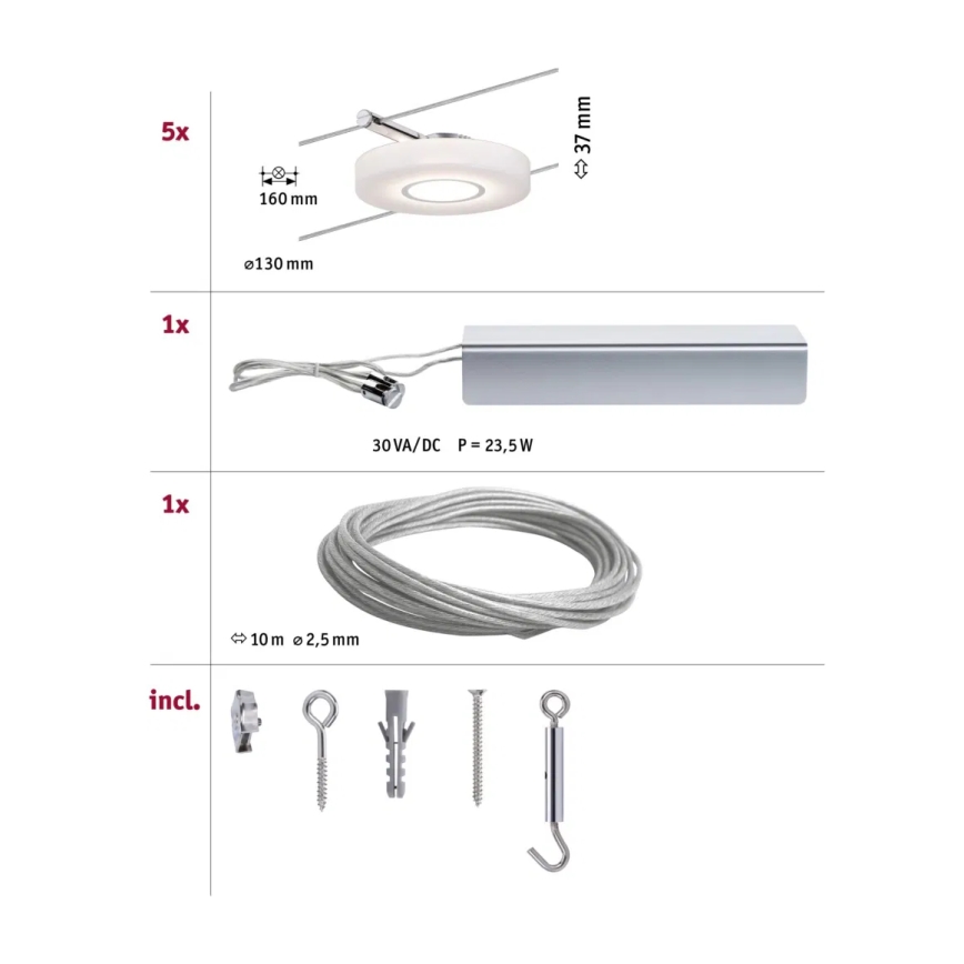 Paulmann 94109 - Set complet sistem pe cablu MAC, 5x LED/4,3W, 230V, alb