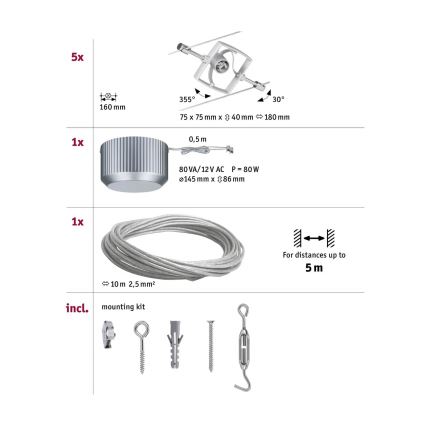 Paulmann 94133 - Set 5xGU5,3/10W, sistem complet pe cablu MAC 230V, crom mat