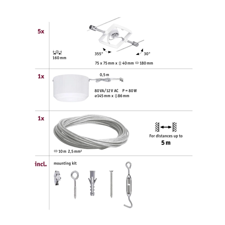 Paulmann 94134 - Set 5x GU5.3/10W, sistem complet pe cablu MAC, 230V, alb