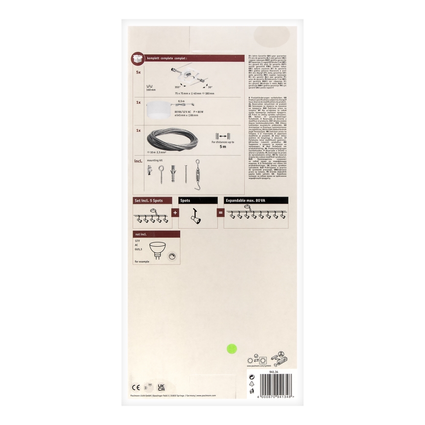 Paulmann 94134 - Set 5x GU5.3/10W, sistem complet pe cablu MAC, 230V, alb