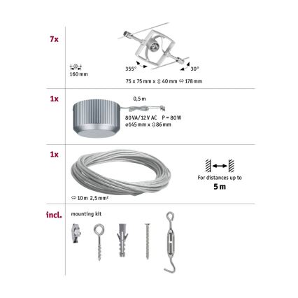 Paulmann 94152 - Sistem complet cu cablu MAC 230V, set de 7 socluri GU5,3/10W, crom mat