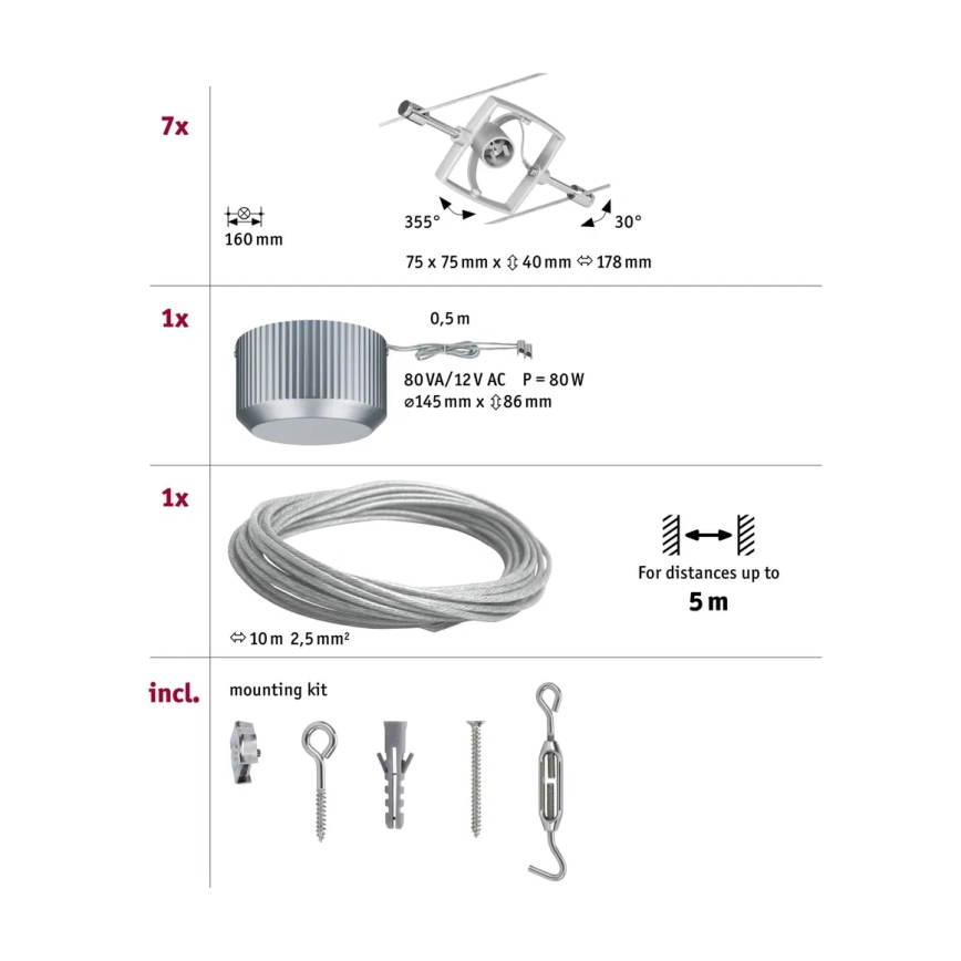 Paulmann 94152 - Sistem complet cu cablu MAC 230V, set de 7 socluri GU5,3/10W, crom mat