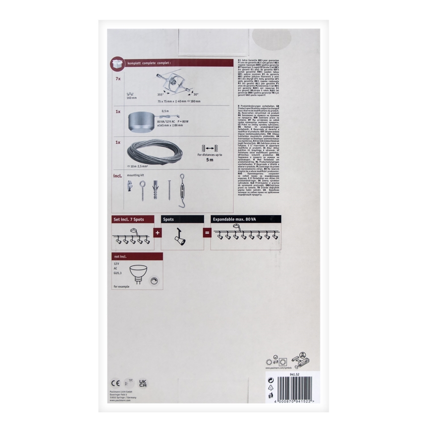 Paulmann 94152 - Sistem complet cu cablu MAC 230V, set de 7 socluri GU5,3/10W, crom mat