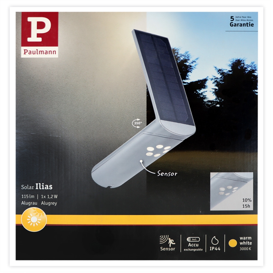 Paulmann 94261 - LED/1,2W IP44 Lumină solară de perete cu senzor ILIAS 3,7V 1800 mAh