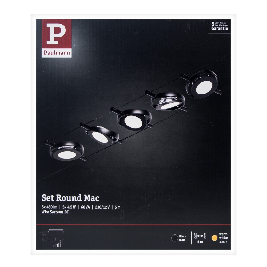 Paulmann 94418 - Set 5x LED/4,5W sistem complet cu cablu ROUNDMAC 230V negru