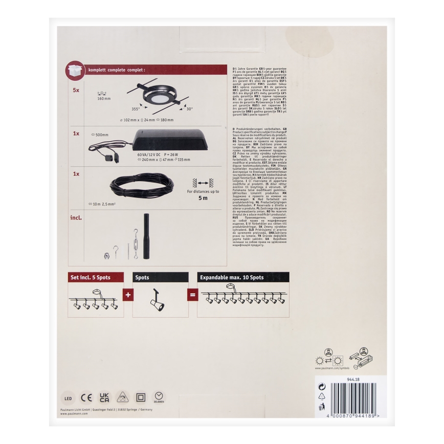Paulmann 94418 - Set 5x LED/4,5W sistem complet cu cablu ROUNDMAC 230V negru