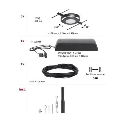 Paulmann 94418 - Set 5x LED/4,5W sistem complet cu cablu ROUNDMAC 230V negru