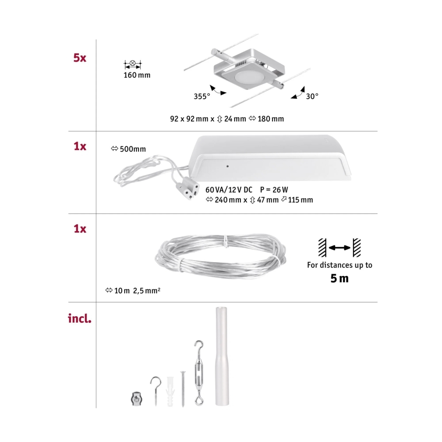 Paulmann 94420 - Set 5xLED/4,5W sistem complet cu cablu MAC 230V crom mat