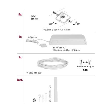 Paulmann 94432 - Set 5xGU5,3/10W, sistem complet cu cablu MAC, 230V, alb