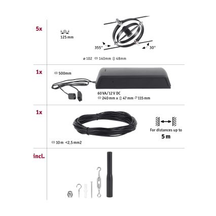 Paulmann 94440 - Set 5xGU5,3/10W sistem complet cu cablu CARDAN 230V negru