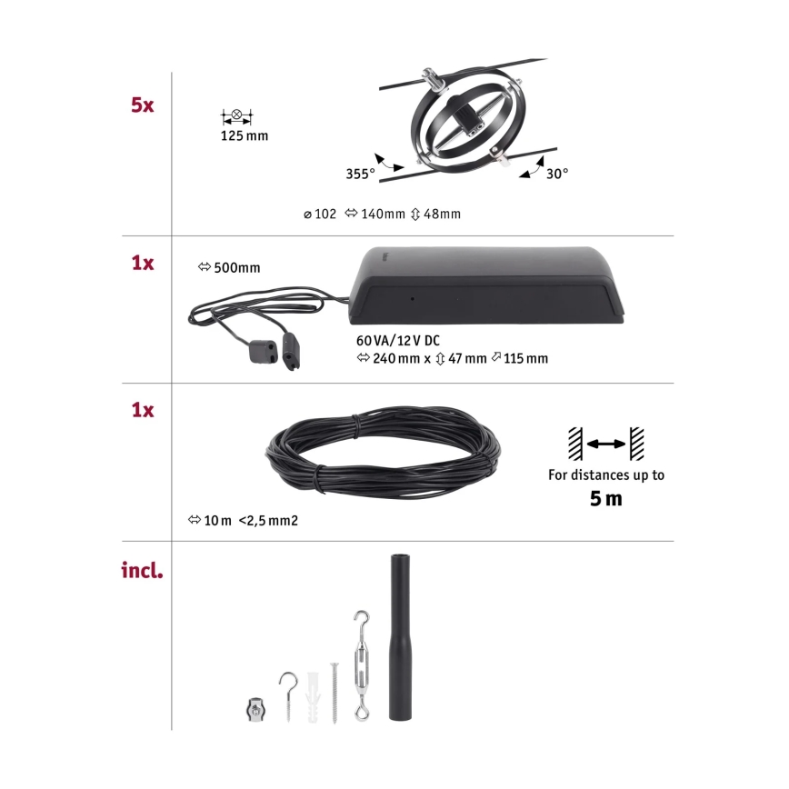 Paulmann 94440 - Set 5xGU5,3/10W sistem complet cu cablu CARDAN 230V negru