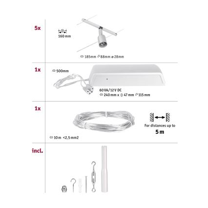 Paulmann 94442 - Set 5x GU5.3/10W, sistem complet cu cablu SALT 230V, crom mat