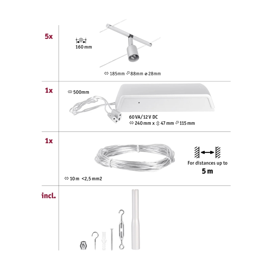 Paulmann 94442 - Set 5x GU5.3/10W, sistem complet cu cablu SALT 230V, crom mat