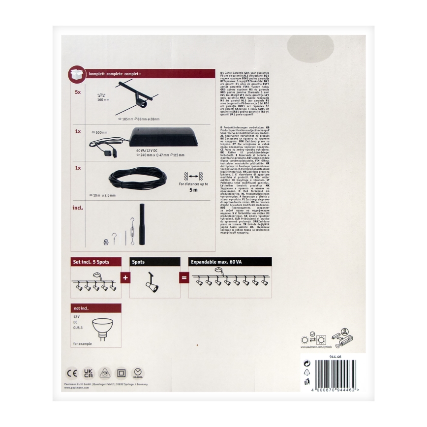 Paulmann 94446 - Sistem complet cu cablu SALT, 230 V, set 5 x GU5,3/10W, negru