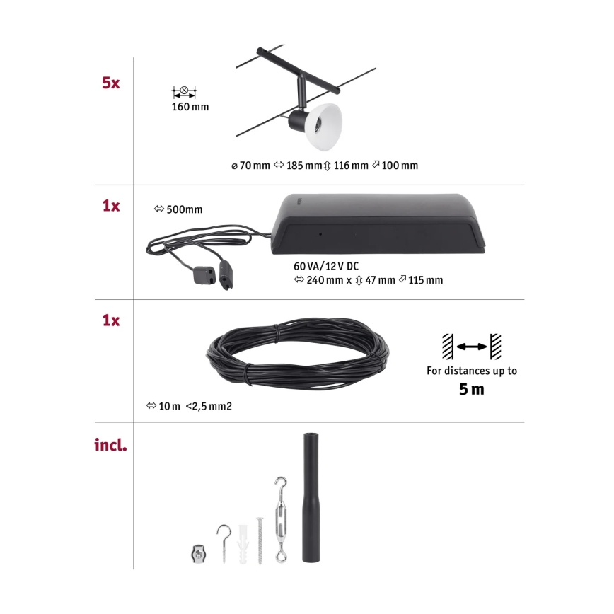Paulmann 94450 - Set 5x GU5.3/10W Sistem complet cu cablu SHEELA 230V, negru