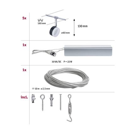 Paulmann 94457 - Set 5x LED, 4W, sistem de cablu complet CLEAR, 230V, negru/crom lucios