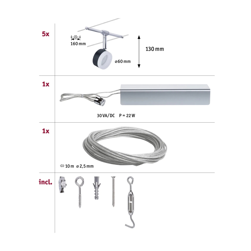 Paulmann 94457 - Set 5x LED, 4W, sistem de cablu complet CLEAR, 230V, negru/crom lucios