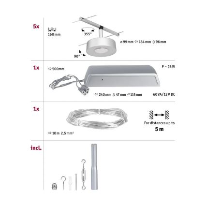 Paulmann 94475 - Set 5 x LED/5W, sistem complet cu cablu CIRCLE 230V, crom mat