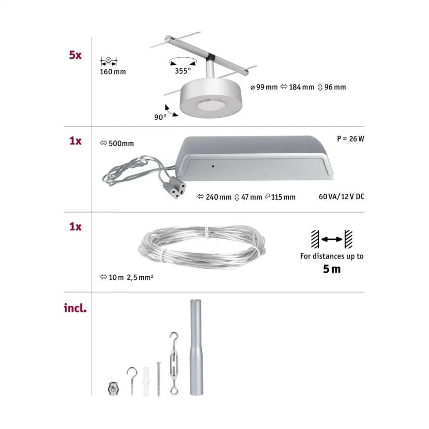 Paulmann 94475 - Set 5 x LED/5W, sistem complet cu cablu CIRCLE 230V, crom mat