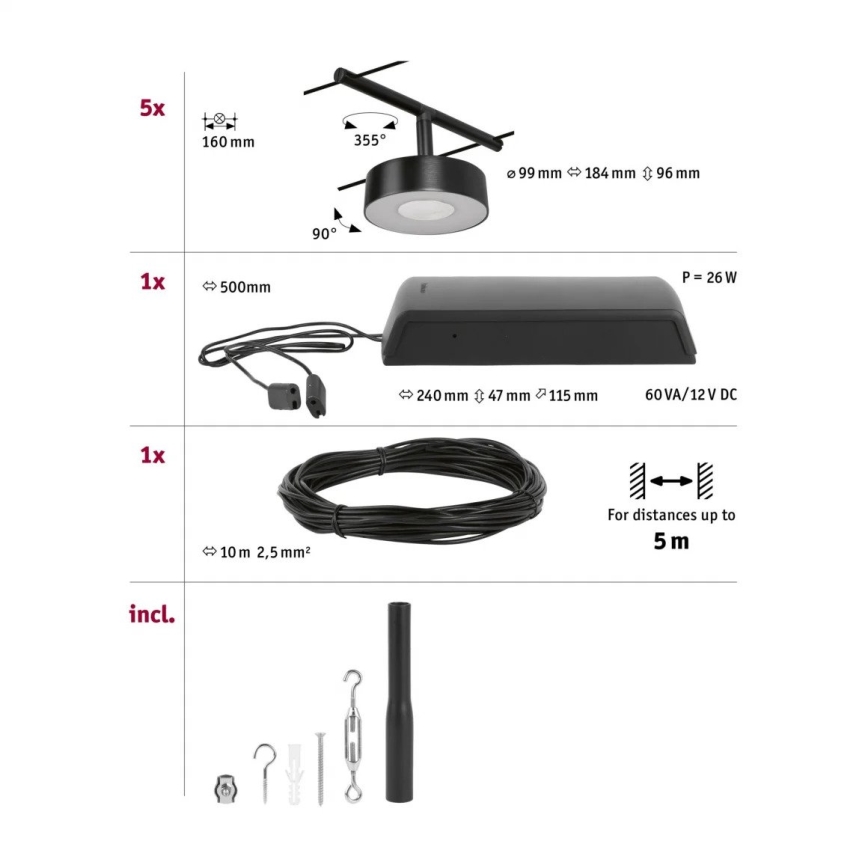 Paulmann 94479 - Set 5x LED/5W, sistem complet cu cablu CIRCLE, 230V, negru