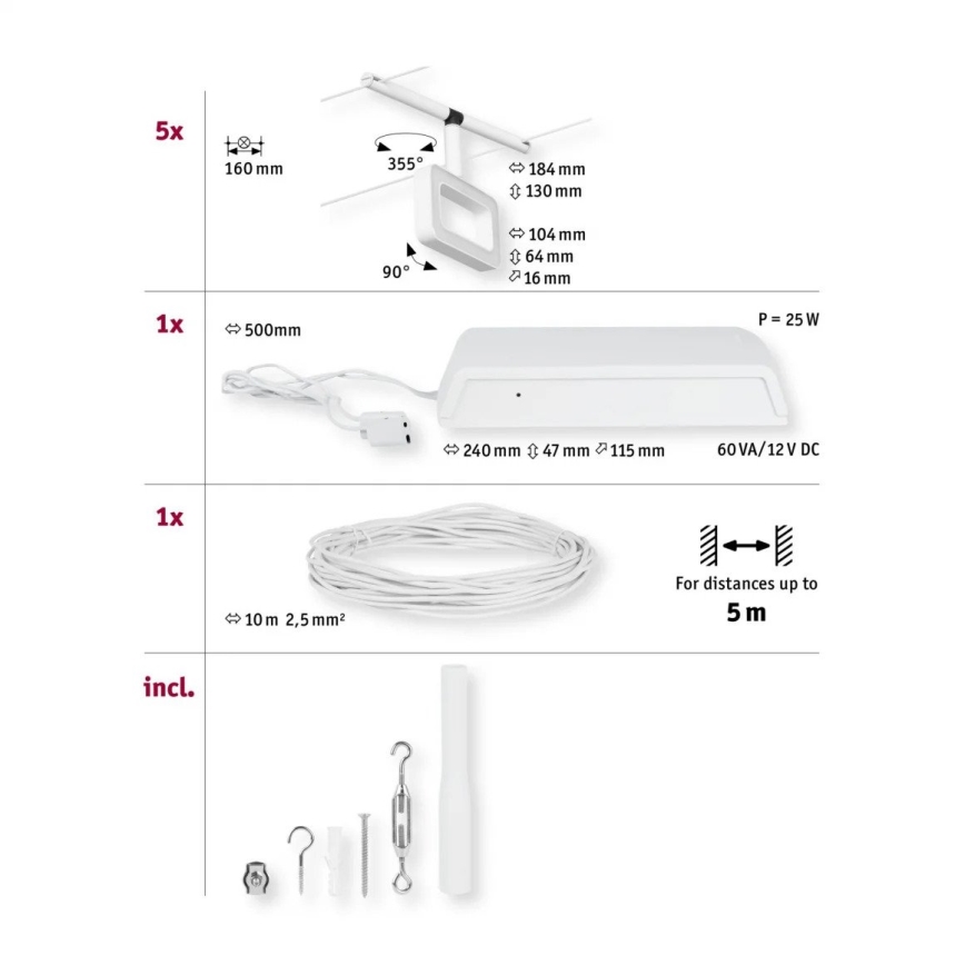 Paulmann 94483 - SET 5xLED/4,8W Sistem complet cu cablu FRAME 230V alb
