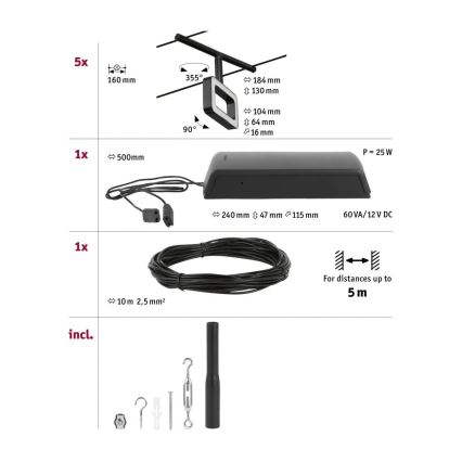Paulmann 94485 - Set complet 5 x LED (4,8 W), sistem pe cablu FRAME, 230 V, negru