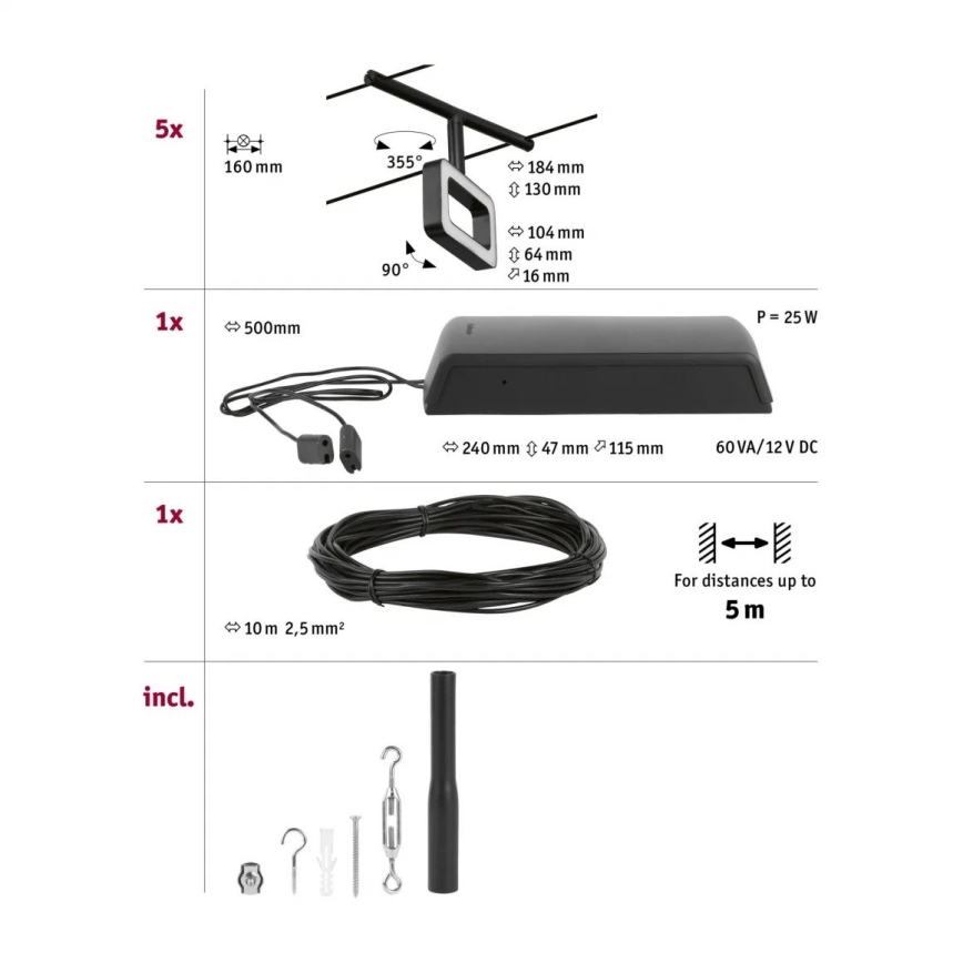 Paulmann 94485 - Set complet 5 x LED (4,8 W), sistem pe cablu FRAME, 230 V, negru