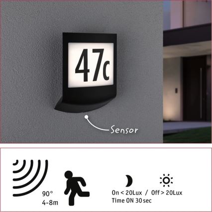 Paulmann 94513 - RGBW LED/8,2W IP44 Iluminator reglabil pentru număr de casă cu senzor de mișcare și de amurg PADEA 230V antracit