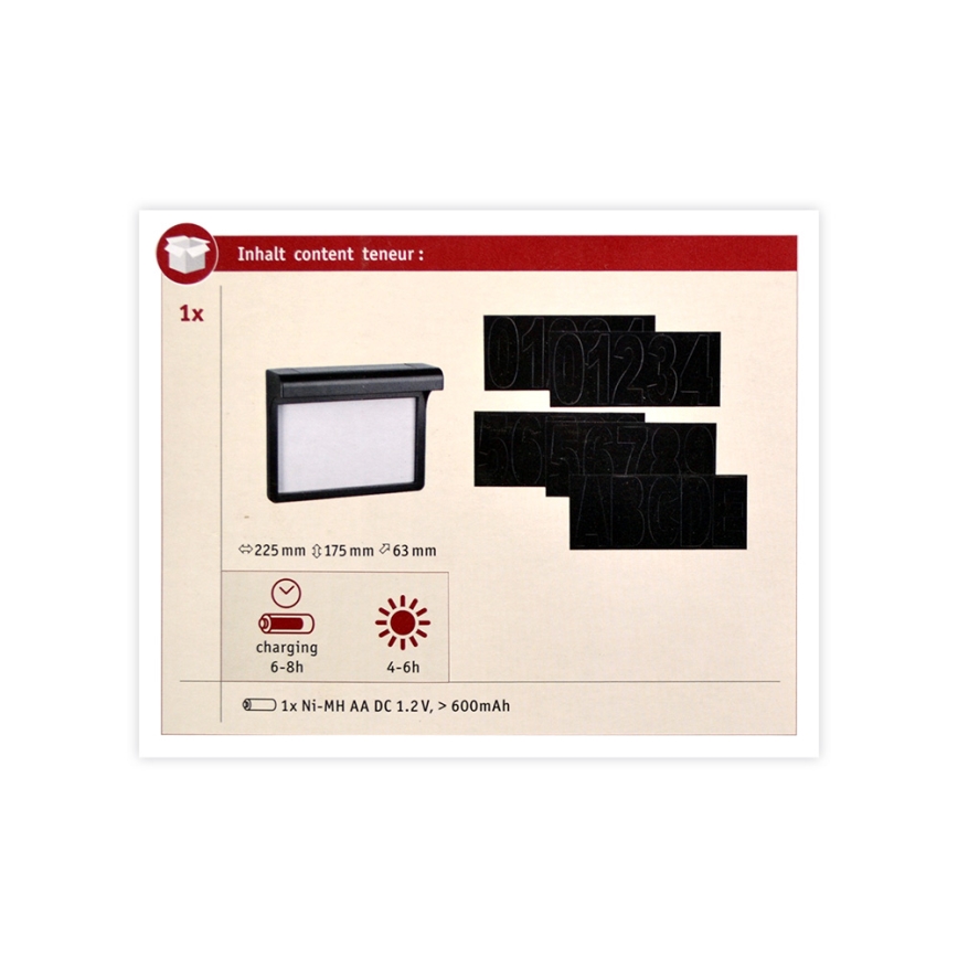 Paulmann 95388 - Număr casă solar LED/0,05W IP44 cu senzor DAYTON 1,2V 600 mAh