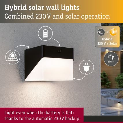 Paulmann 95746 - LED/2,3W IP44 Aplică solară de perete cu senzor EILEEN 3,7/230V 4000 mAh neagră