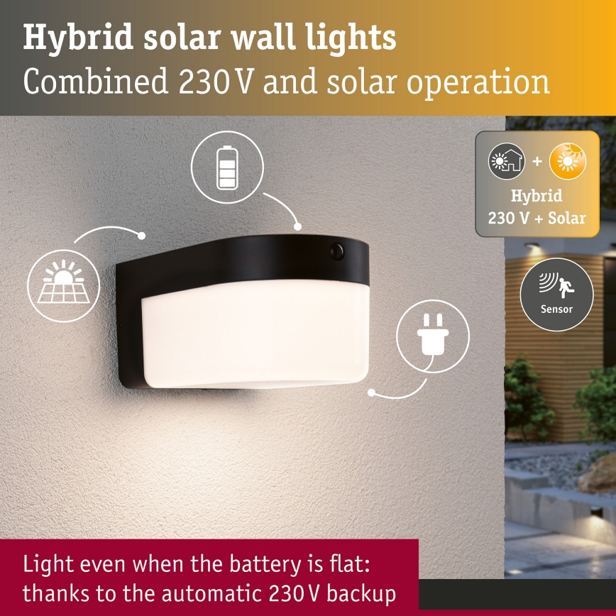 Paulmann 95747 - LED/2,3W IP44 Aplica de perete solară cu senzor CALYNE 3,7/230V 4000 mAh negru