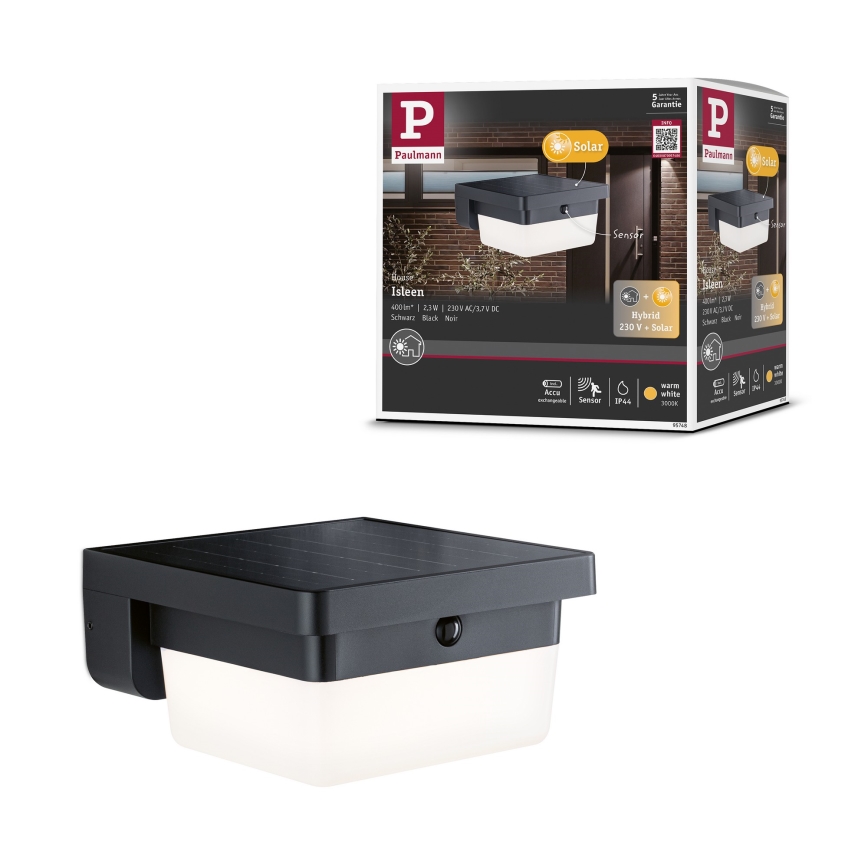 Paulmann 95748 - LED/2,3W IP44 Aplica solară de perete cu senzor ISLEEN 3,7/230V 4000 mAh neagră