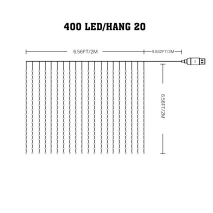 Perdea de Crăciun LED RGB reglabilă WIZARD 400xLED/USB 2x2m + telecomandă
