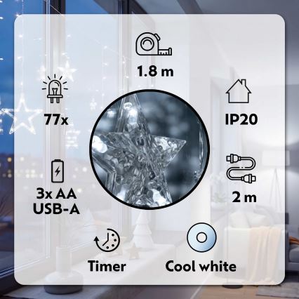 Perdea LED de Crăciun BRILAGI 77xLED/3xAA/USB 1,8m alb rece
