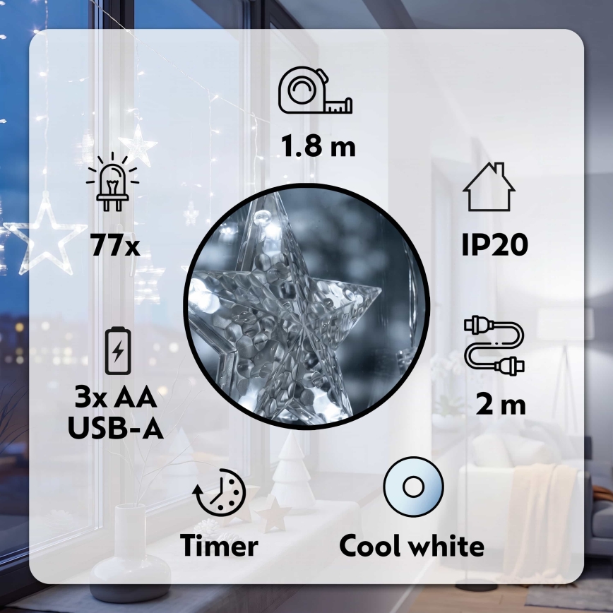 Perdea LED de Crăciun BRILAGI 77xLED/3xAA/USB 1,8m alb rece