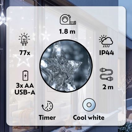 Perdea LED de Crăciun de exterior BRILAGI 77xLED/3xAA/USB 1,8m IP44 alb rece
