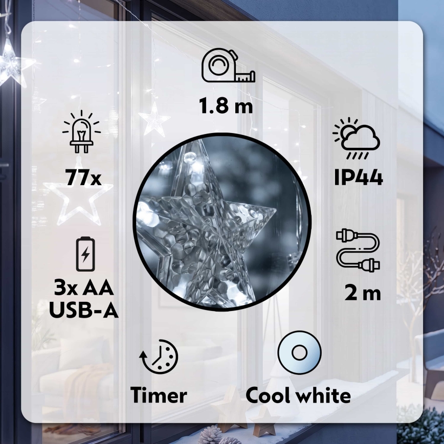 Perdea LED de Crăciun de exterior BRILAGI 77xLED/3xAA/USB 1,8m IP44 alb rece