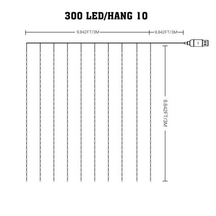 Perdea LED RGB de Crăciun reglabilă WIZARD 300xLED/USB 3x3m + telecomandă