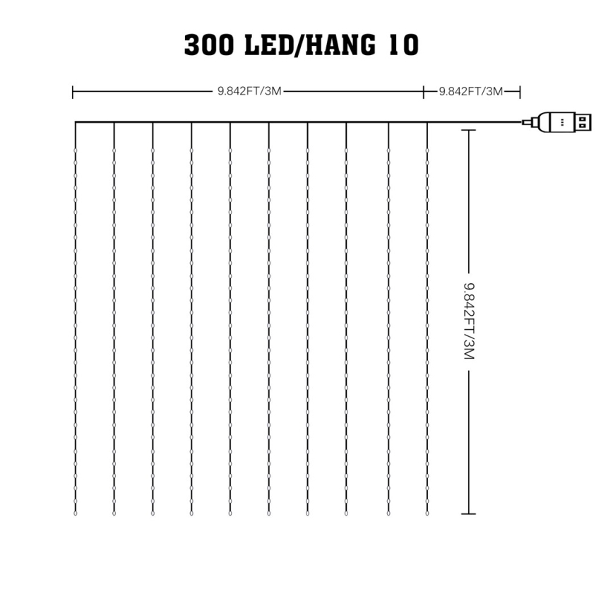 Perdea LED RGB de Crăciun reglabilă WIZARD 300xLED/USB 3x3m + telecomandă