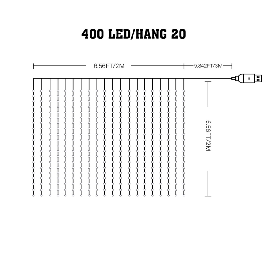 Perdea LED RGB dimabilă WIZARD, 400 LED, USB, 2 x 2 m, cu telecomandă