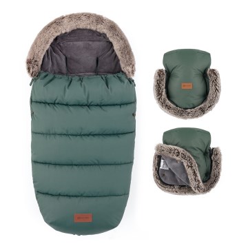PETITE&MARS - Set sac 4 în 1 COMFY pentru copii + mănuși tip mufă pentru cărucior FURRY Khaki