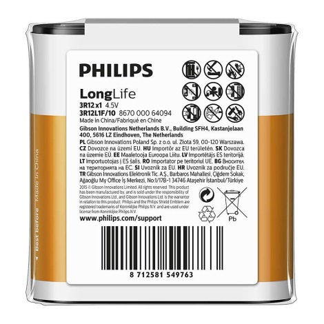 Turning Molester Greet Philips 3R12L1F/10 - Baterie clorura de zinc 3R12 LONGLIFE 4,5V | Luminam